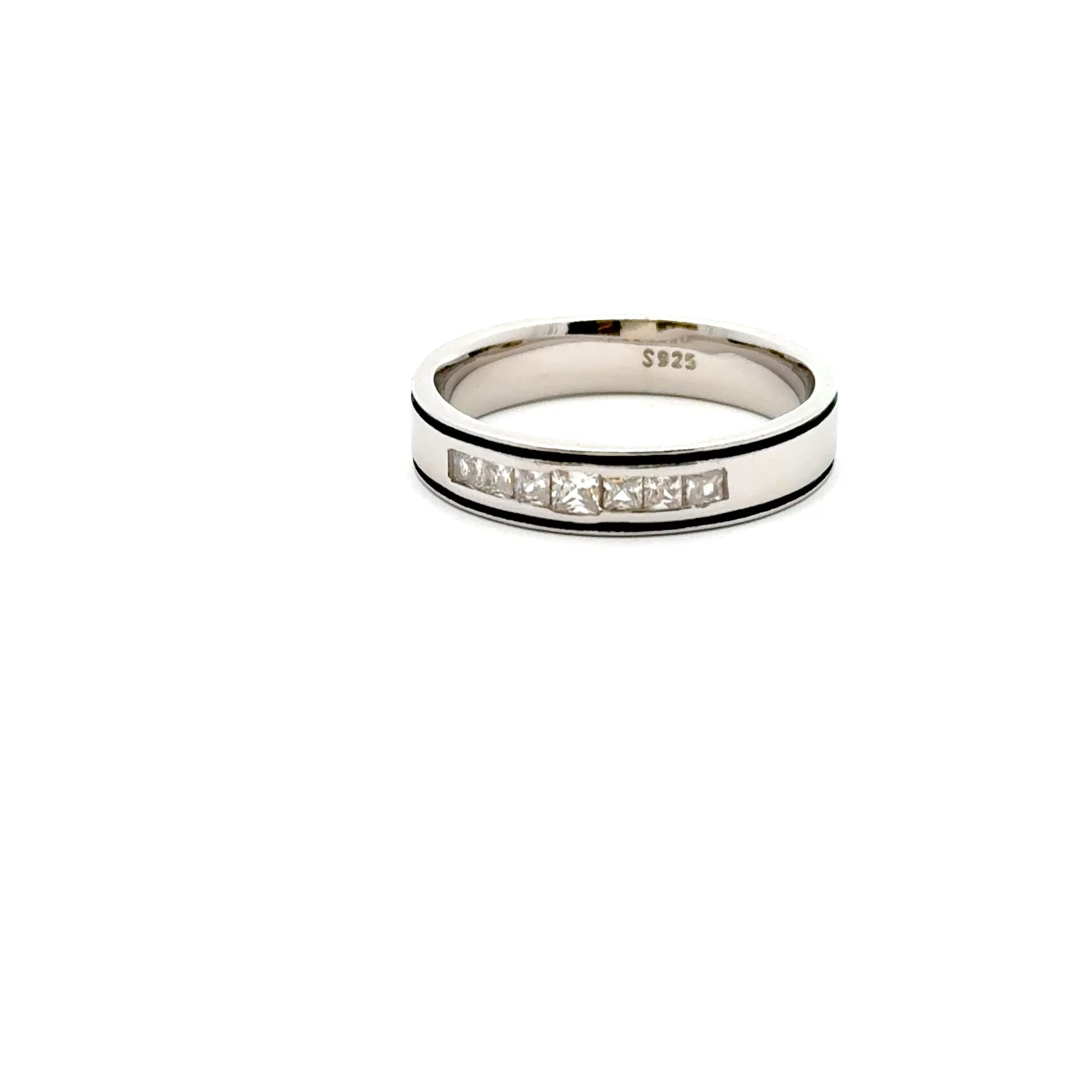 Silver Channel Set Band Ring with Black Accents