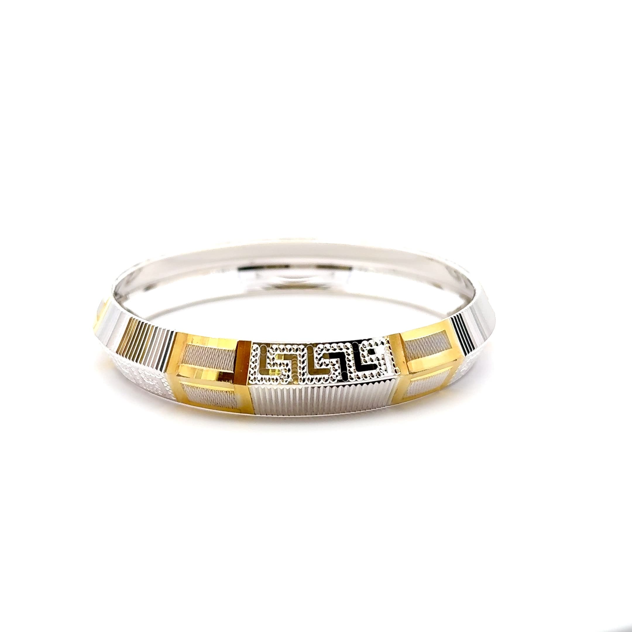 70 mm Two-Tone Textured Greek Key Bangle in Silver