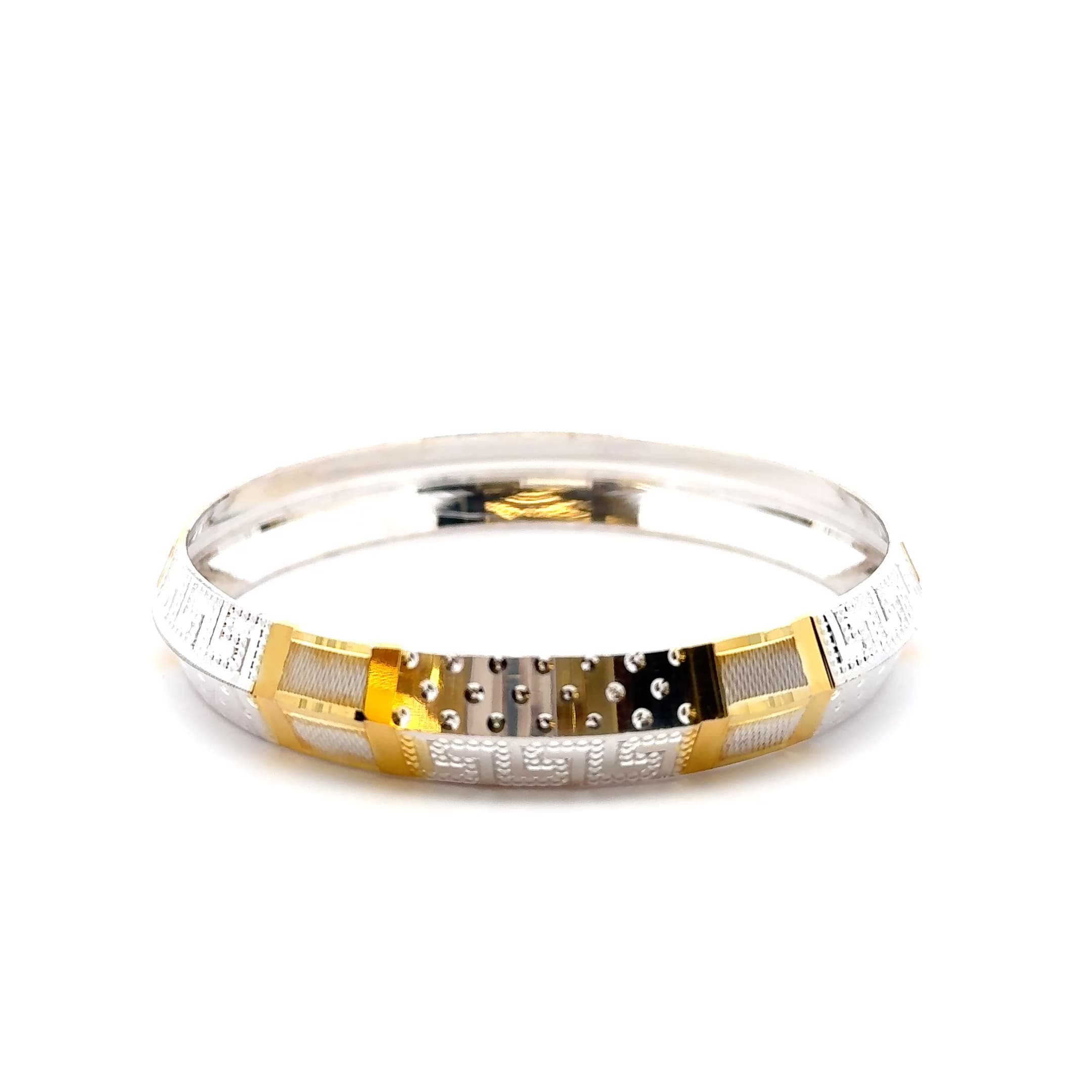 Two-Tone Silver Greek Key Textured Bangle