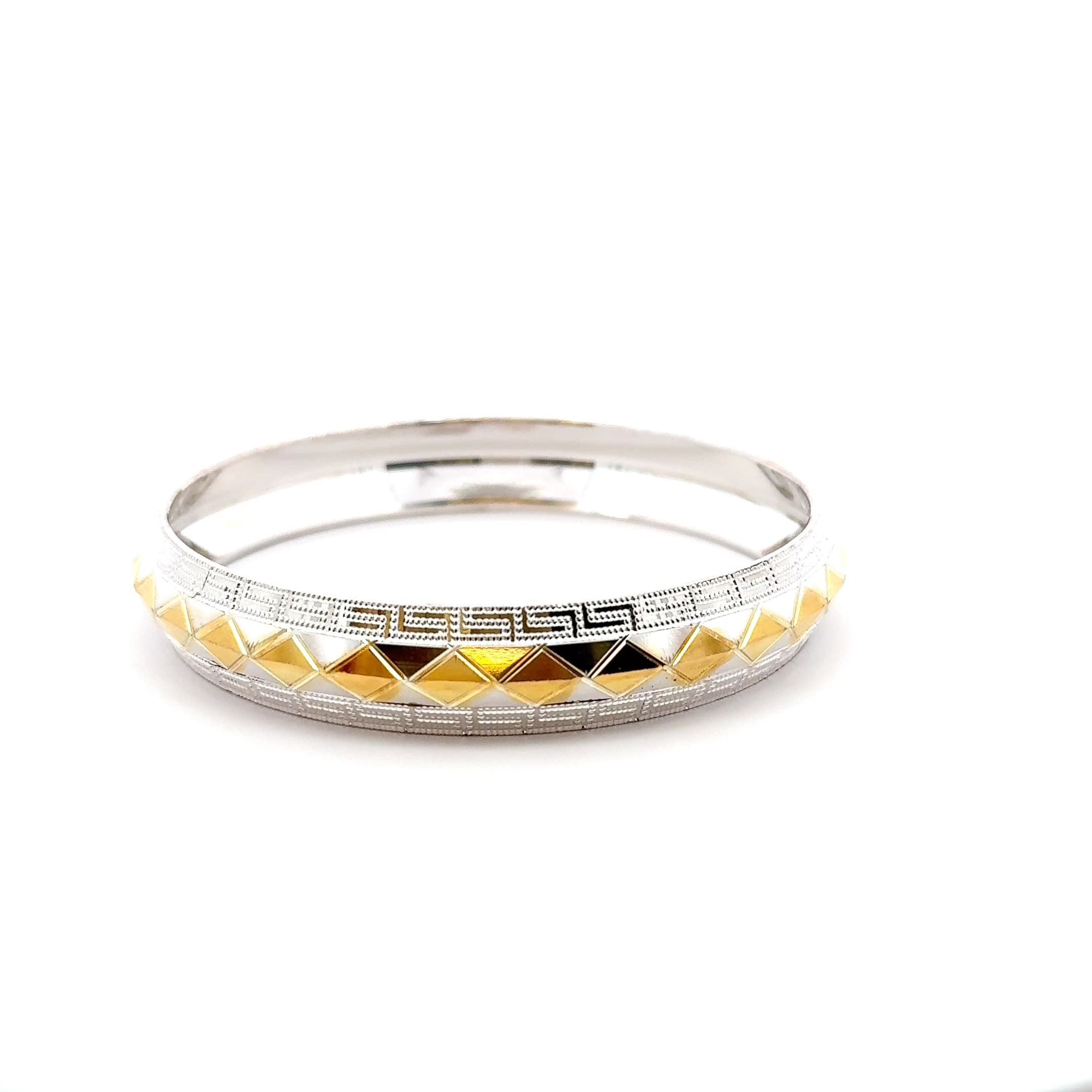 Two-Tone Geometric Pattern Bangle Bracelet in Silver